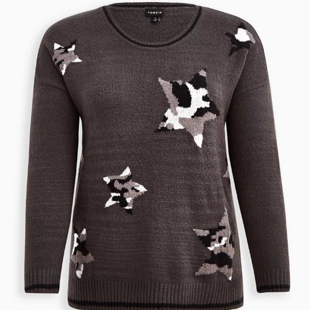 NWT TORRID Charcoal Grey Camo Print Star Knit Pullover Sweater